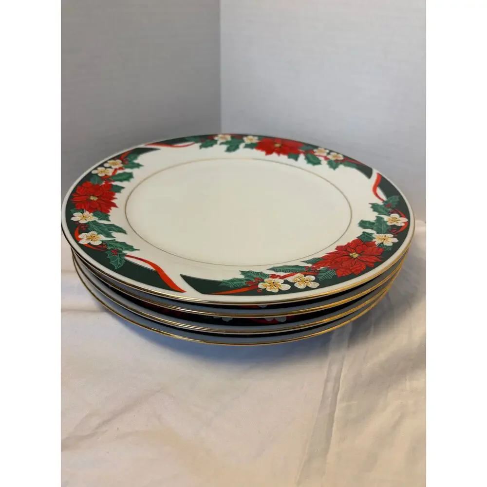 VTG Tienshan Deck the Halls China. set of 4 dinner plates - 10.5 inch, Christmas
